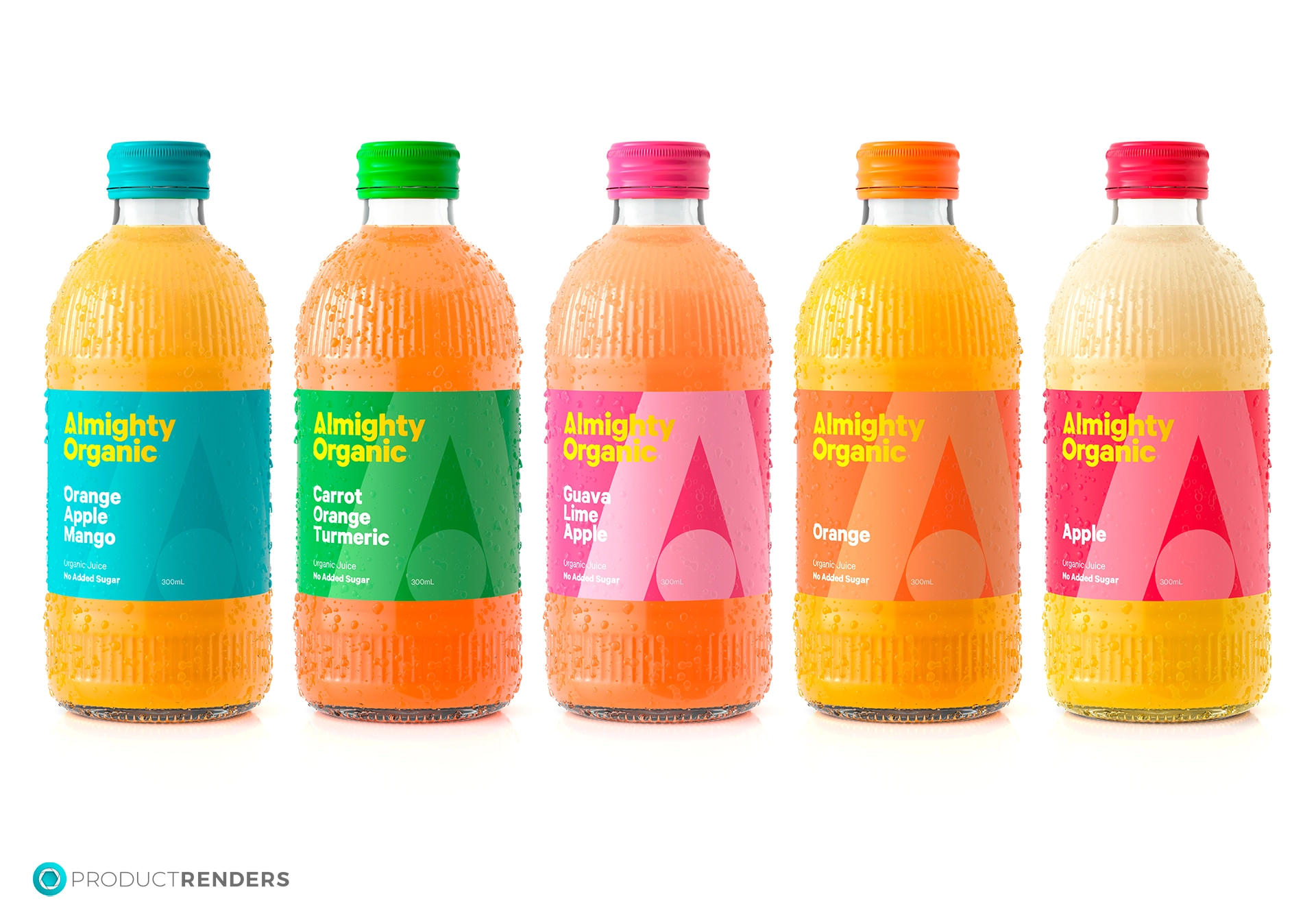 Five Almighty Organic juice bottles in Orange Apple Mango, Carrot Orange Turmeric, Guava Lime Apple, Orange and Apple flavours.