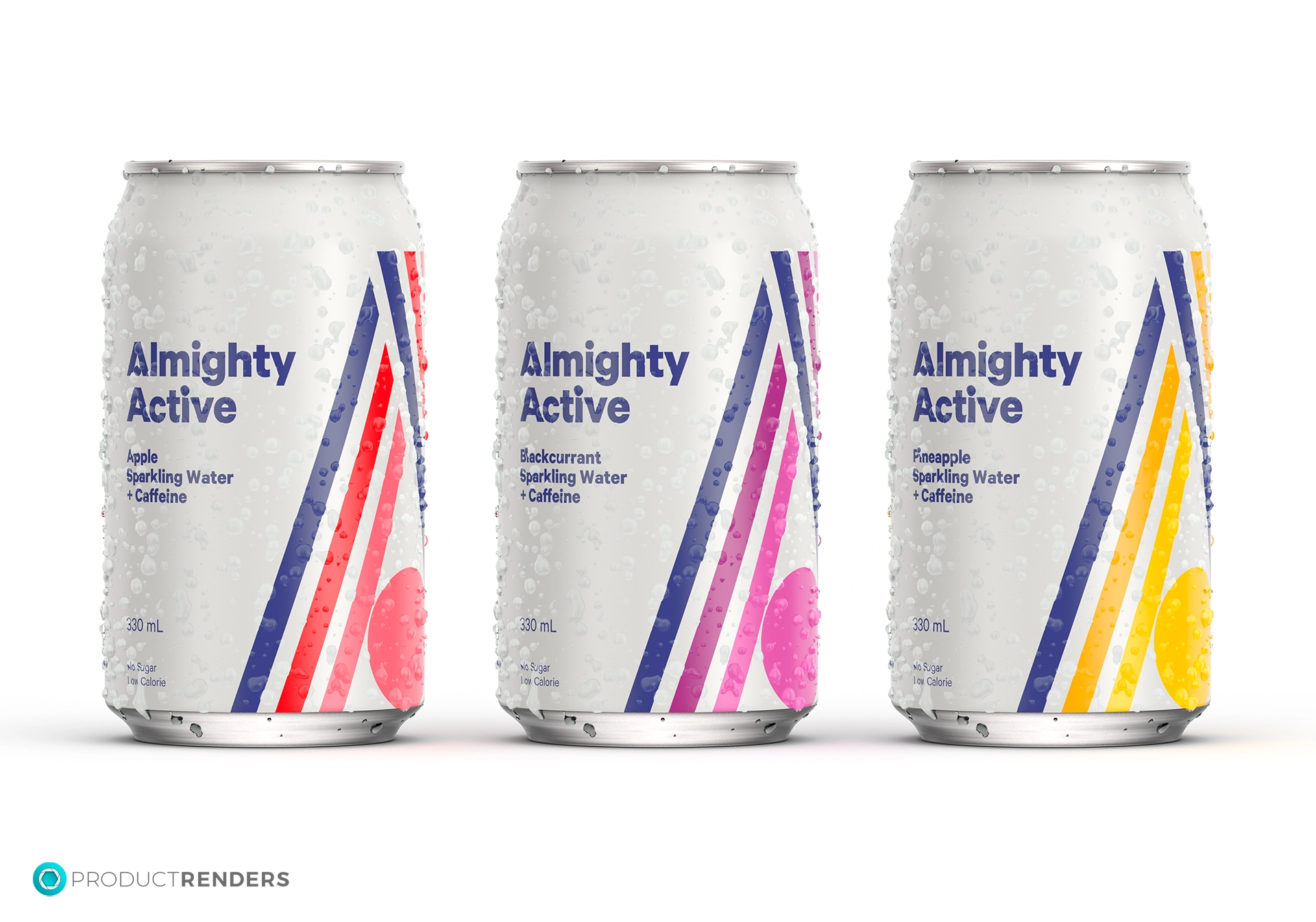 Three Almighty Active sparkling water cans in Apple, Blackcurrant and Pineapple flavours with added caffeine.