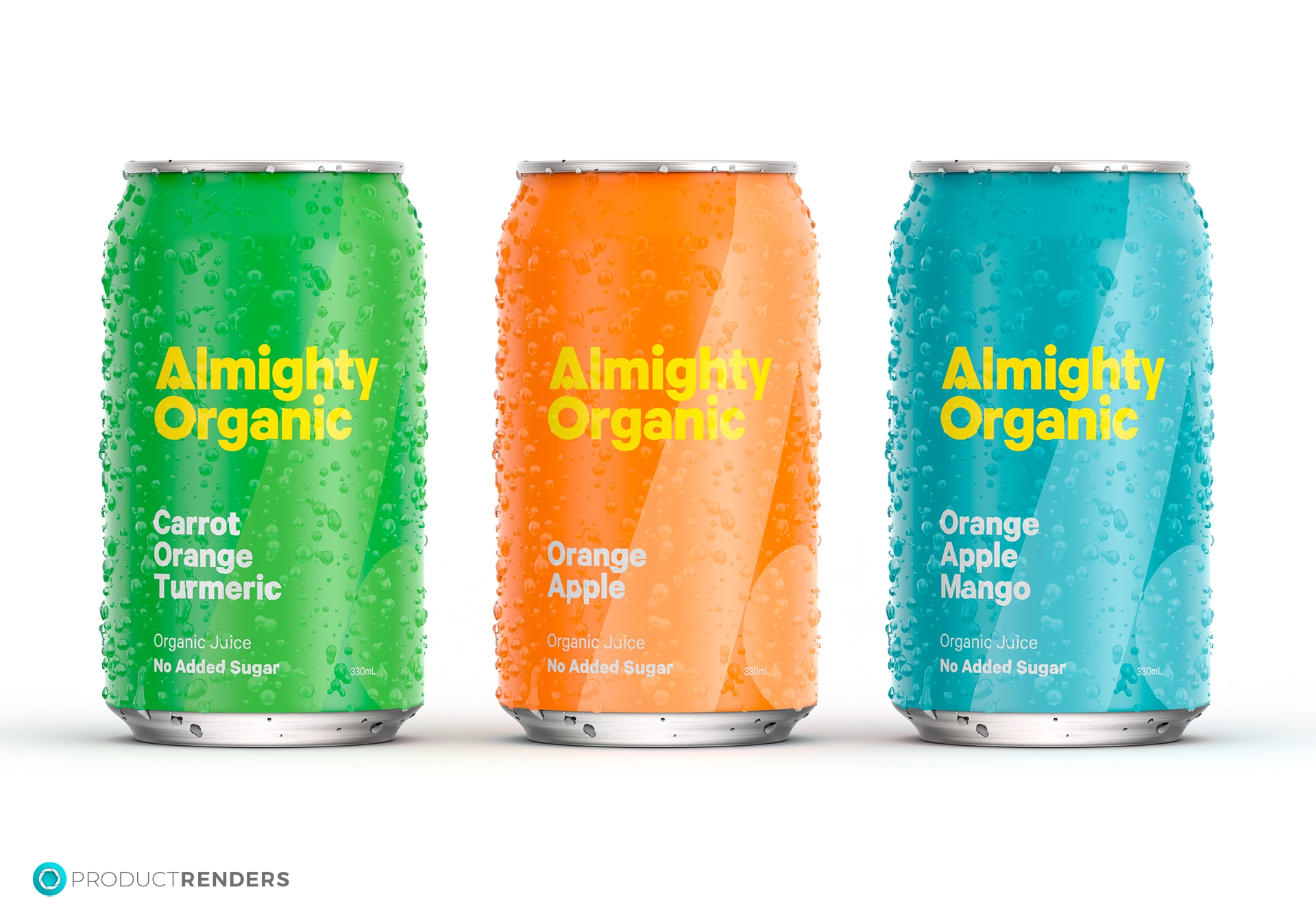 Three Almighty Organic juice cans in Carrot Orange Turmeric, Orange Apple and Orange Apple Mango flavours.