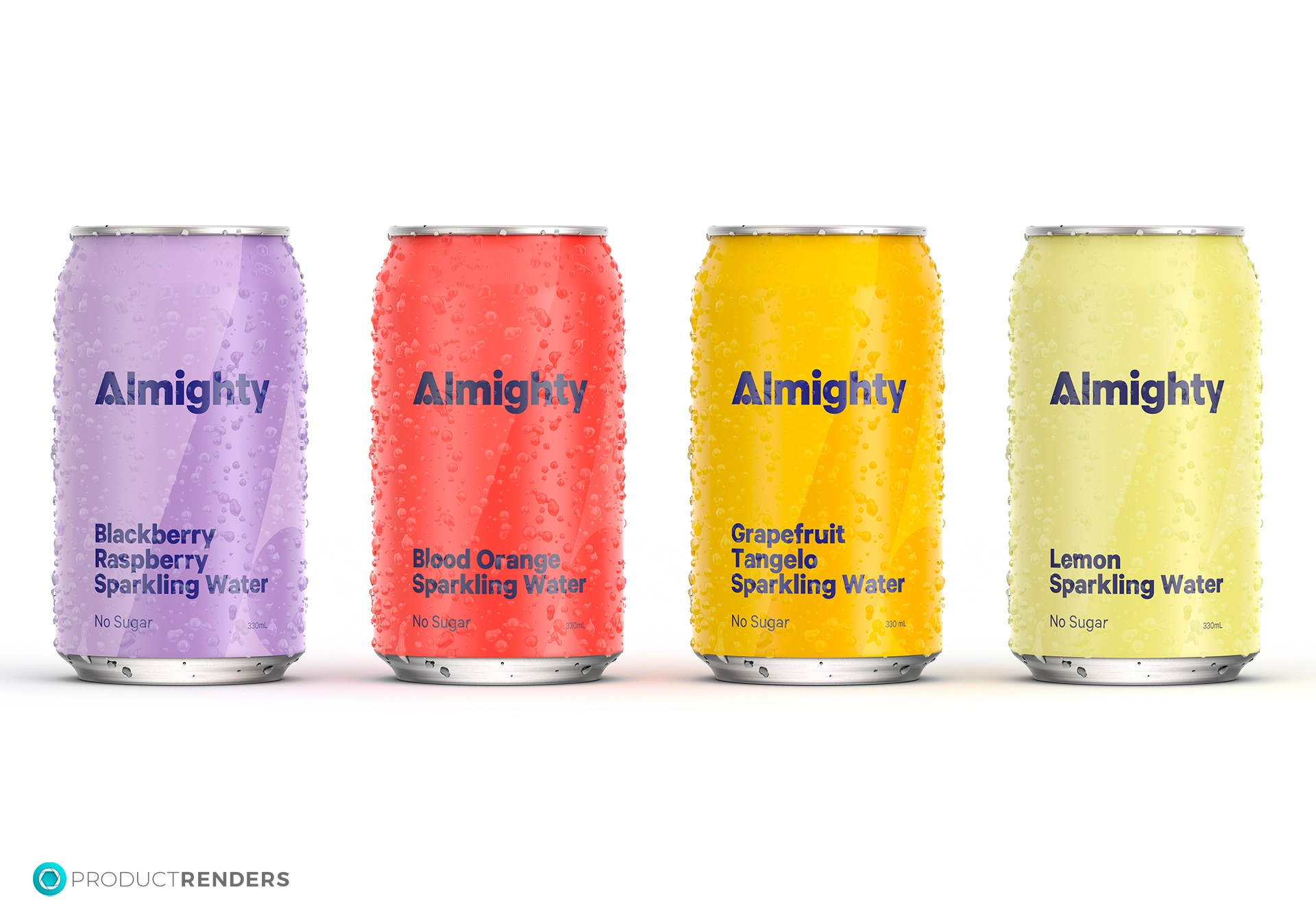 Four Almighty sparkling water cans in Blackberry Raspberry, Blood Orange, Grapefruit Tangelo and Lemon flavours.