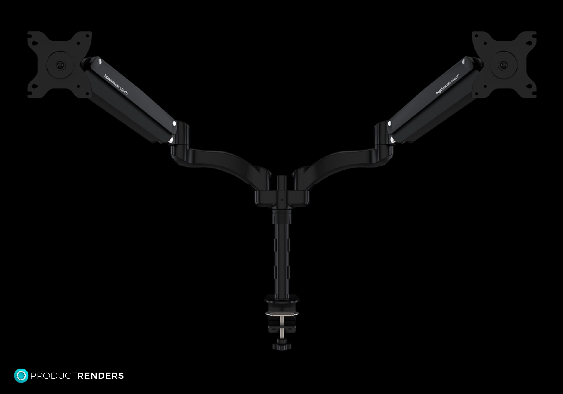 A black dual monitor stand with a clamp mount and adjustable arms viewed from the front.