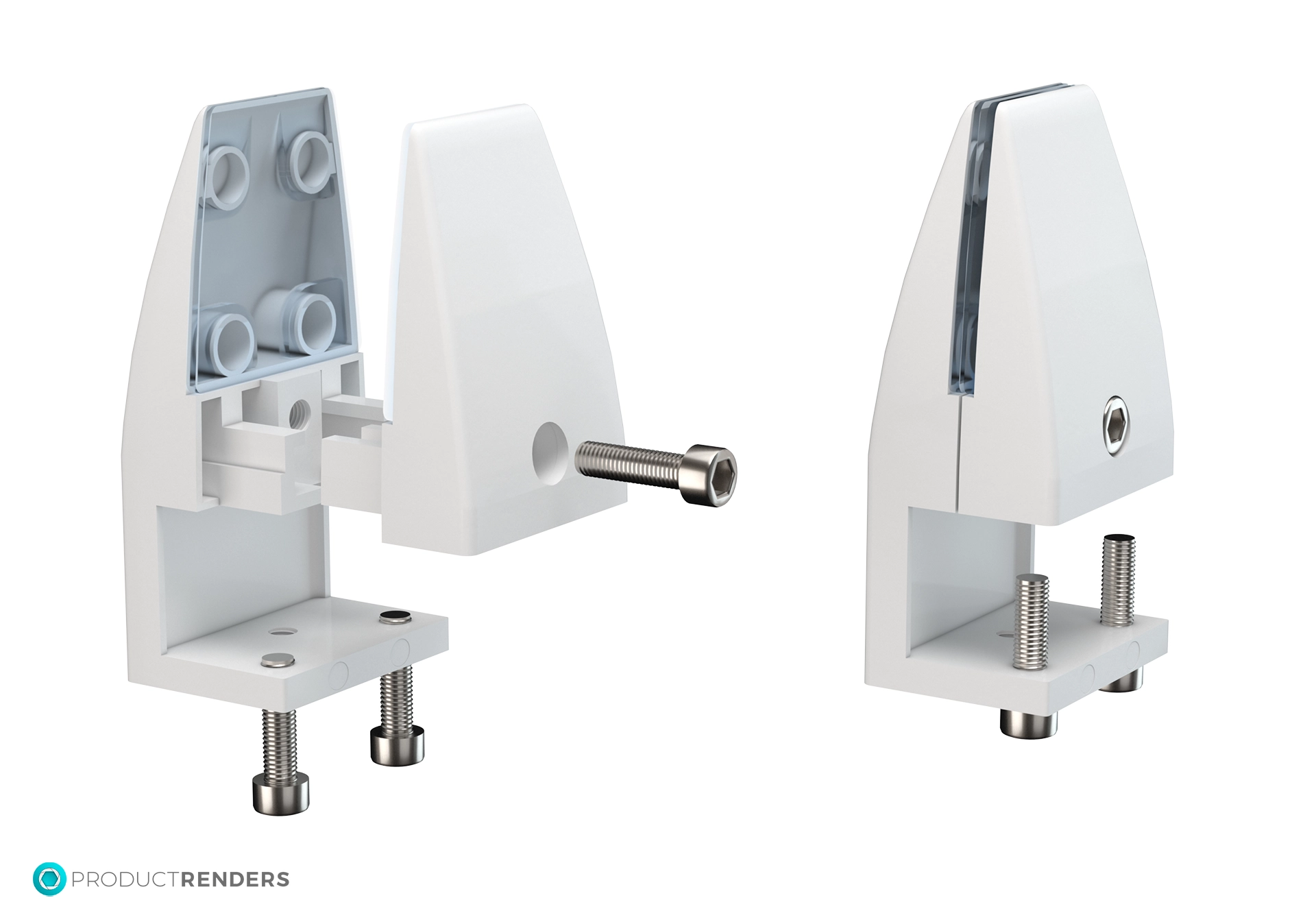 A white metal desk clamp bracket, one exploded/disassembled to show the internal parts.
