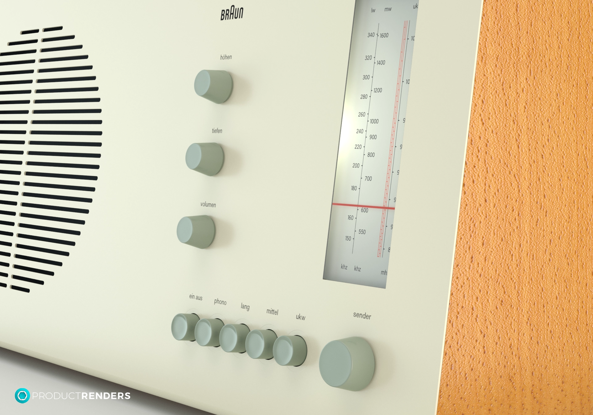 A close-up of a vintage Braun RT2 radio designed by Dieter Rams in 1961.