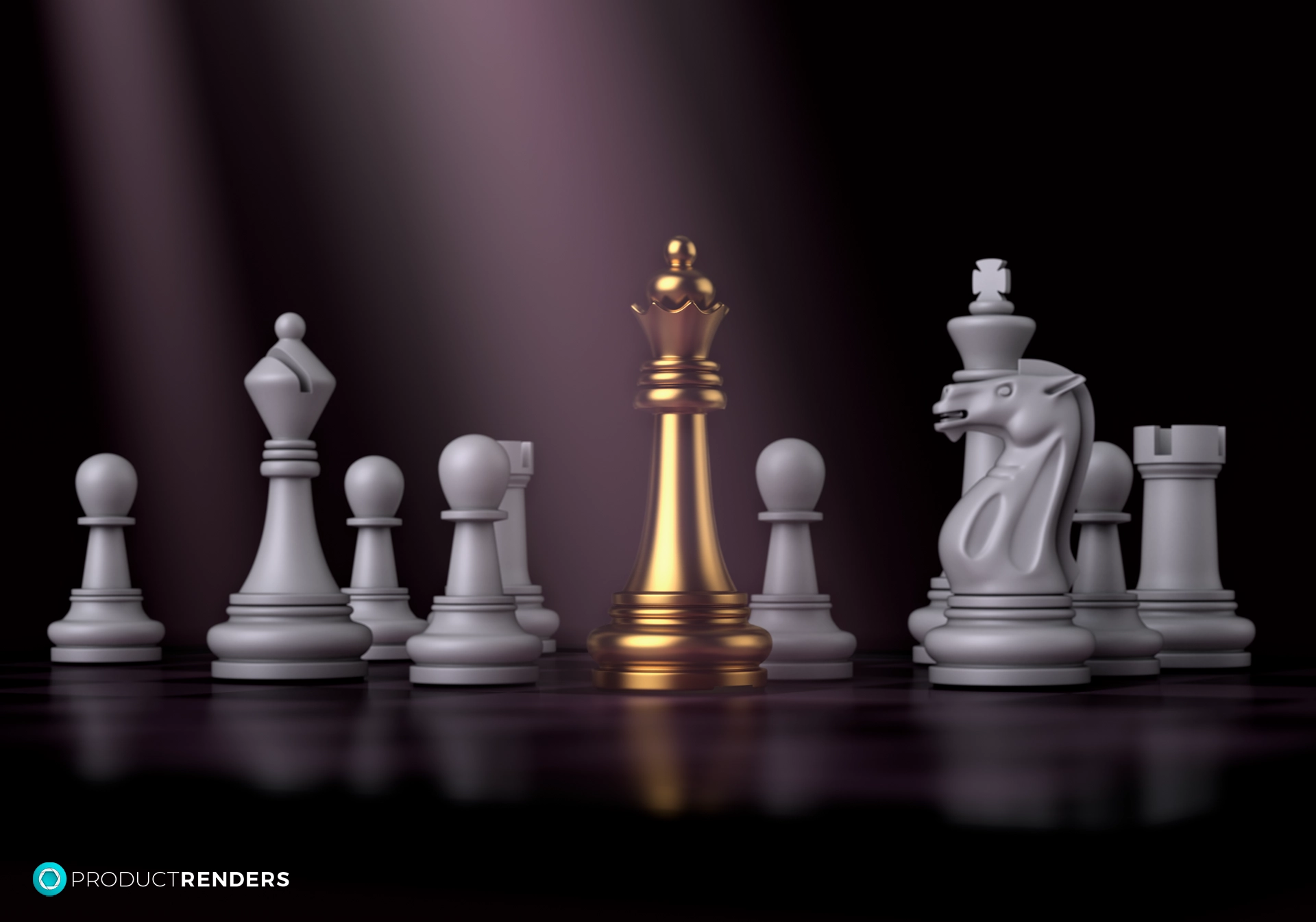 A golden queen chess piece on a dark chessboard surrounded by white chess pieces.