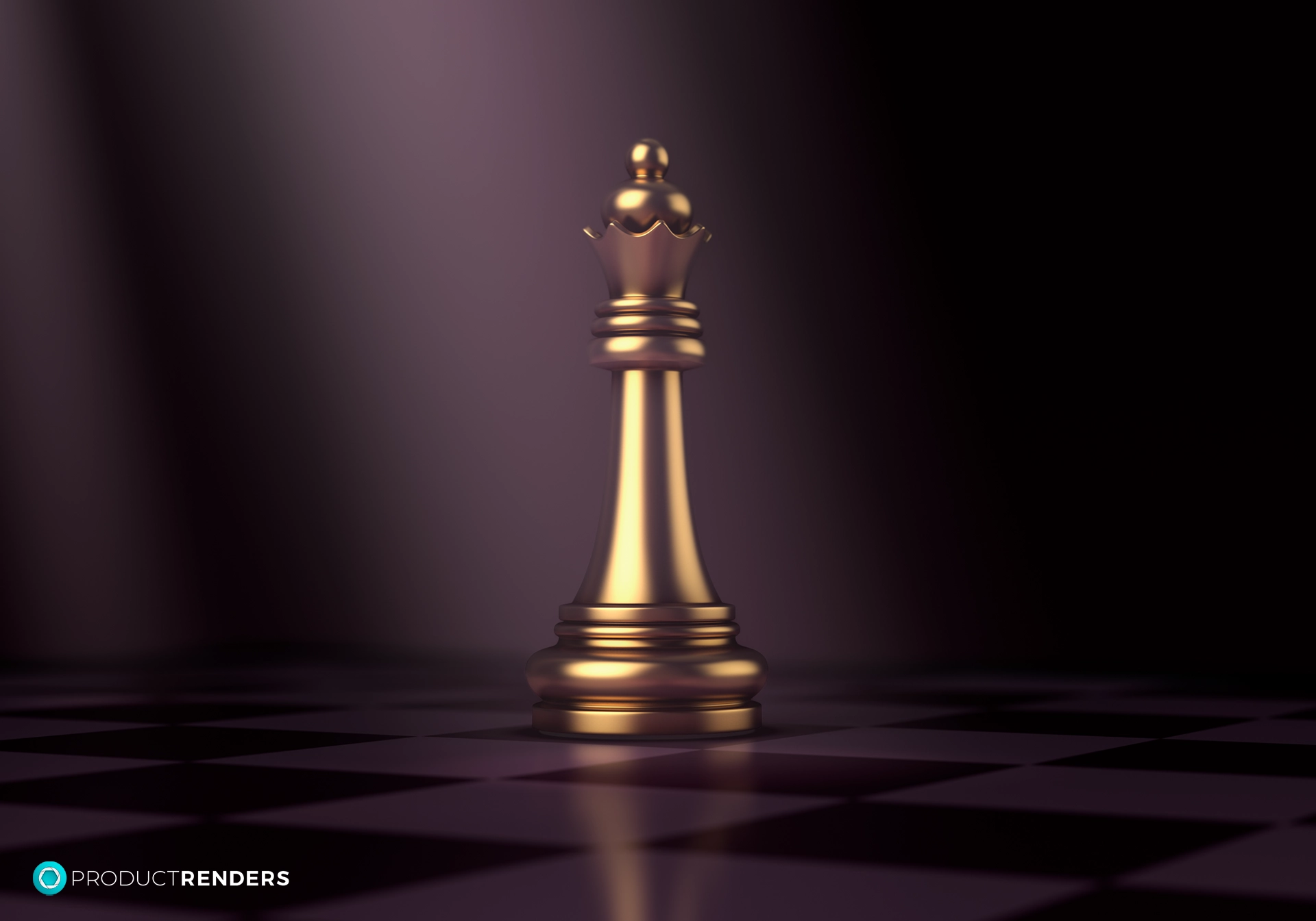 A golden queen chess piece on a dark chessboard.