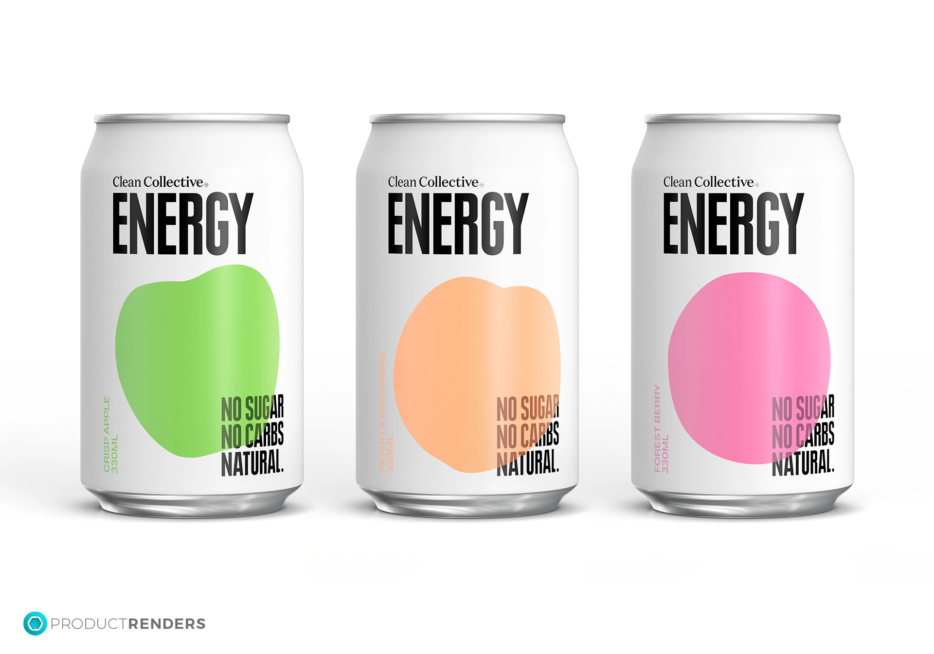 Three Clean Collective Energy drinks in Crisp Apple, Peach & Nectarine and White Peach & Jasmine flavours.