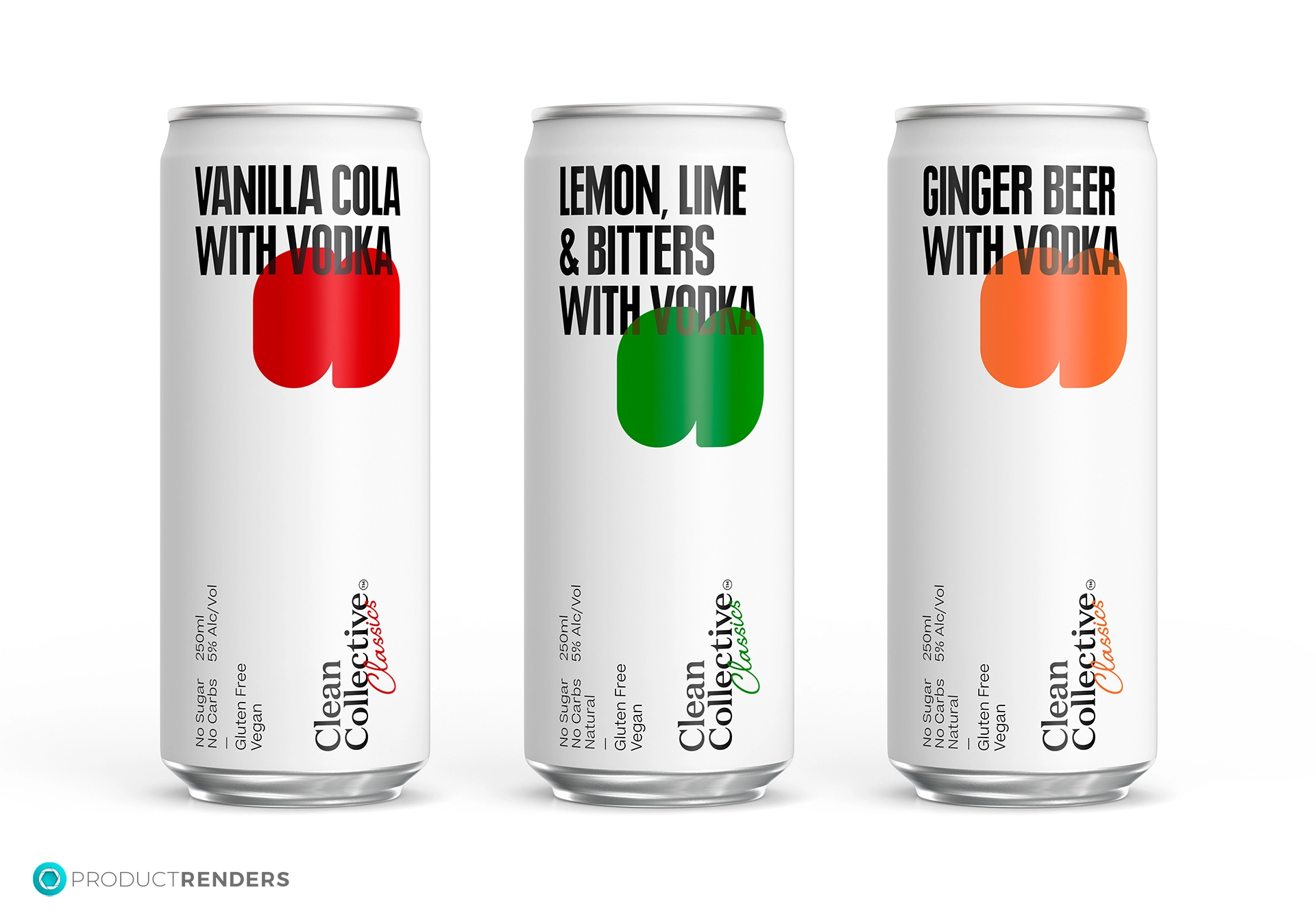 Three cans of CleanCollective's Vodka Classics 250mL cans.
