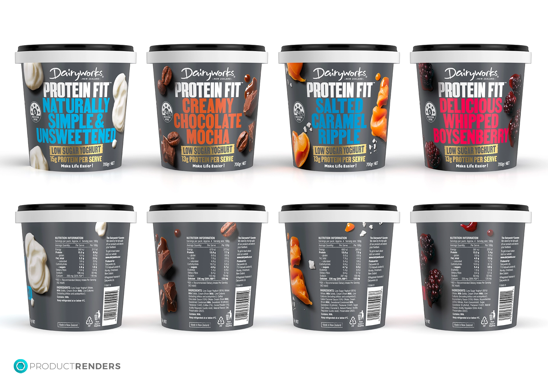 Eight Dairyworks Protein Fit low-sugar yoghurt pots in four flavours: Naturally Simple & Unsweetened, Creamy Chocolate Mocha, Salted Caramel Ripple and Delicious Mixed Berry.