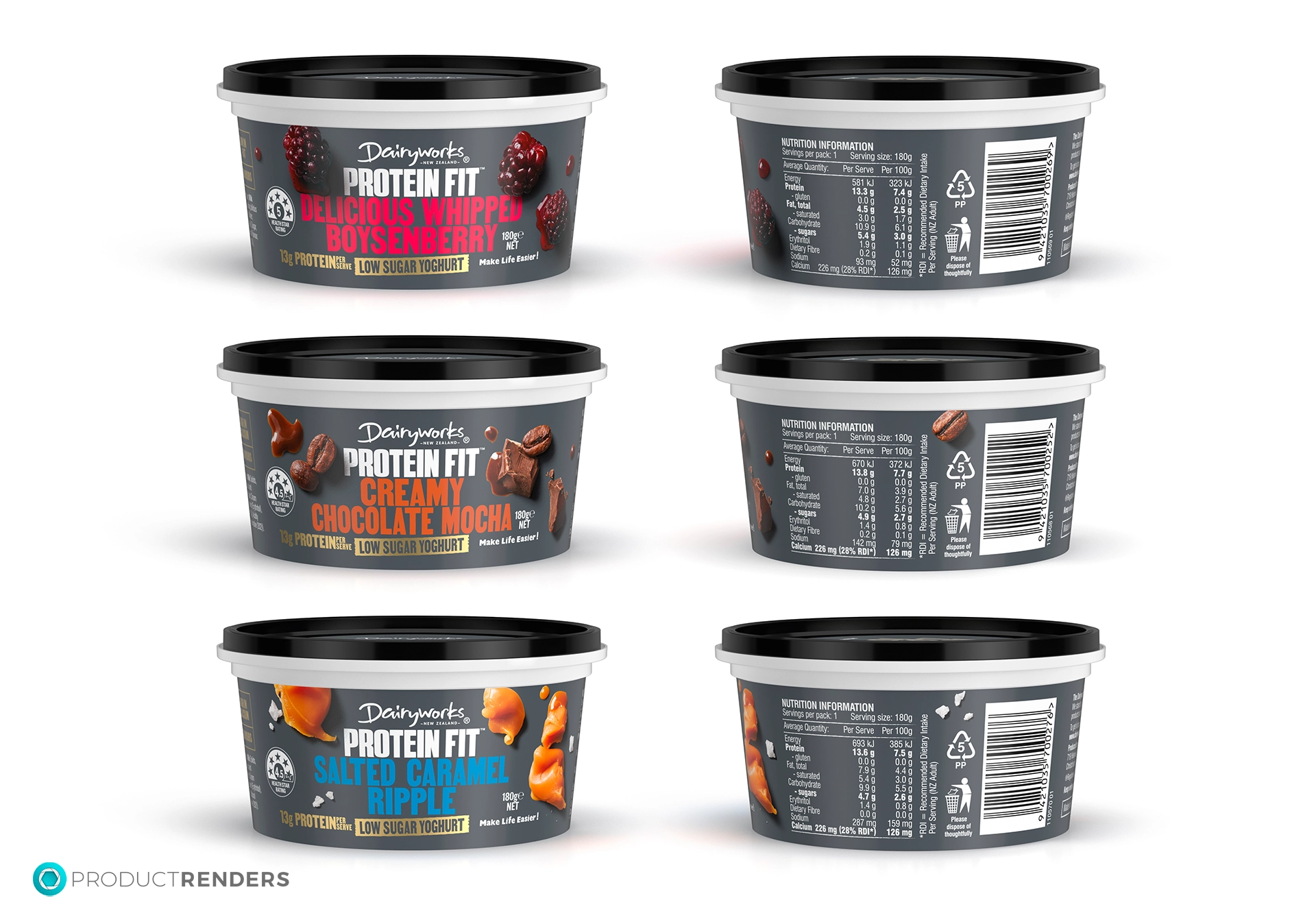 Six Dairyworks Protein Fit low-sugar yoghurt pots in three flavours: Raspberry & Blueberry, Creamy Chocolate Mocha and Salted Caramel Ripple.