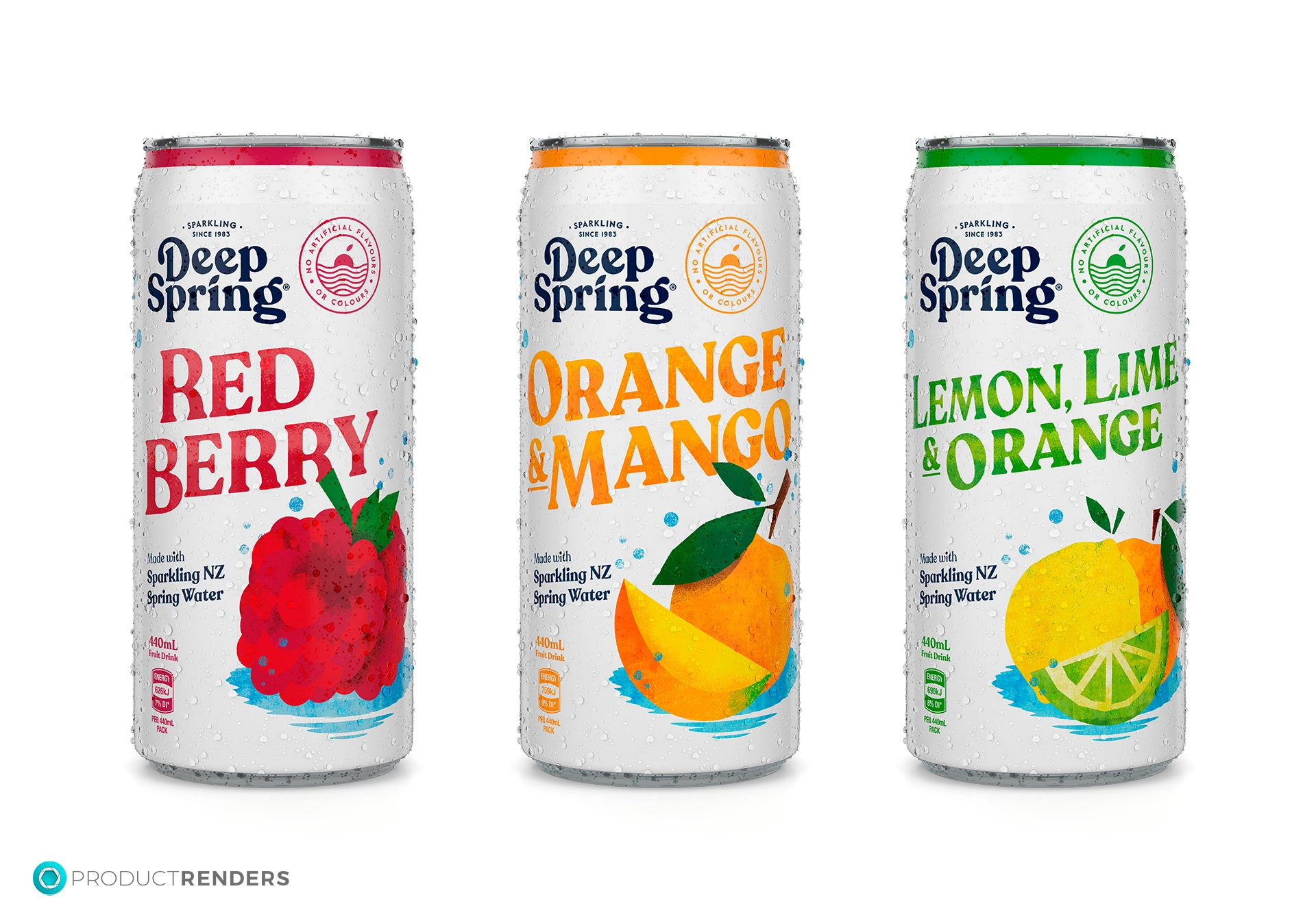 Three cans of Deep Spring sparkling water: Red Berry, Orange & Mango and Lemon, Lime & Orange.