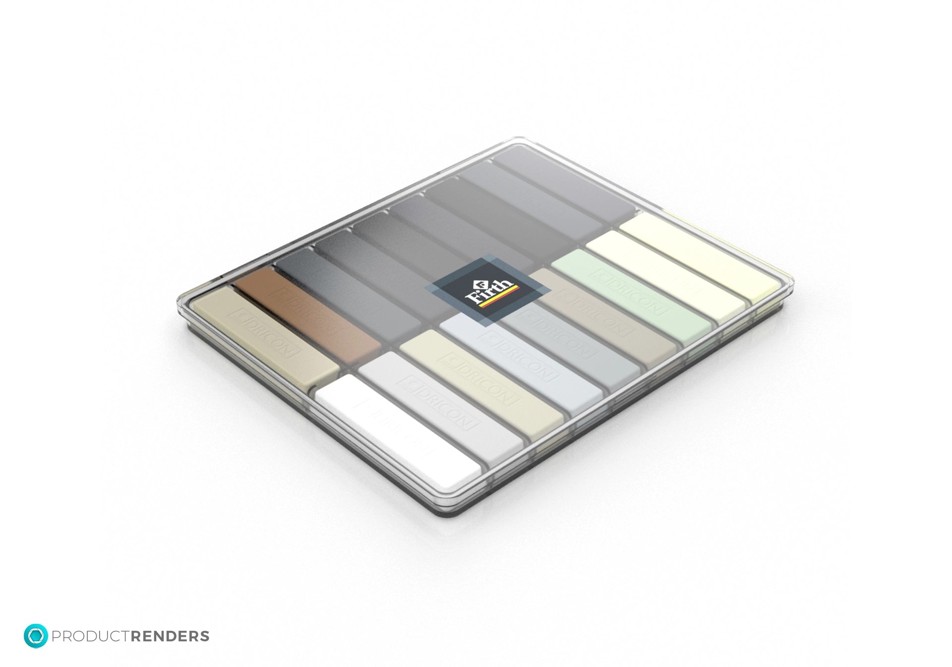 A closed clear plastic case containing 14 coloured concrete colour samples.