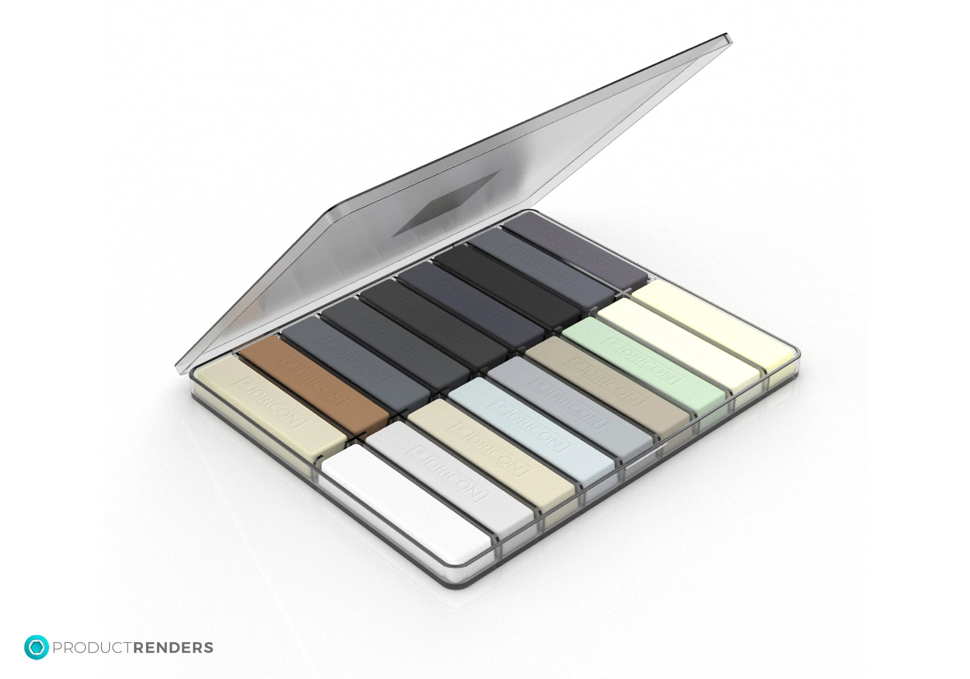 An open clear plastic case containing 14 coloured concrete colour samples.