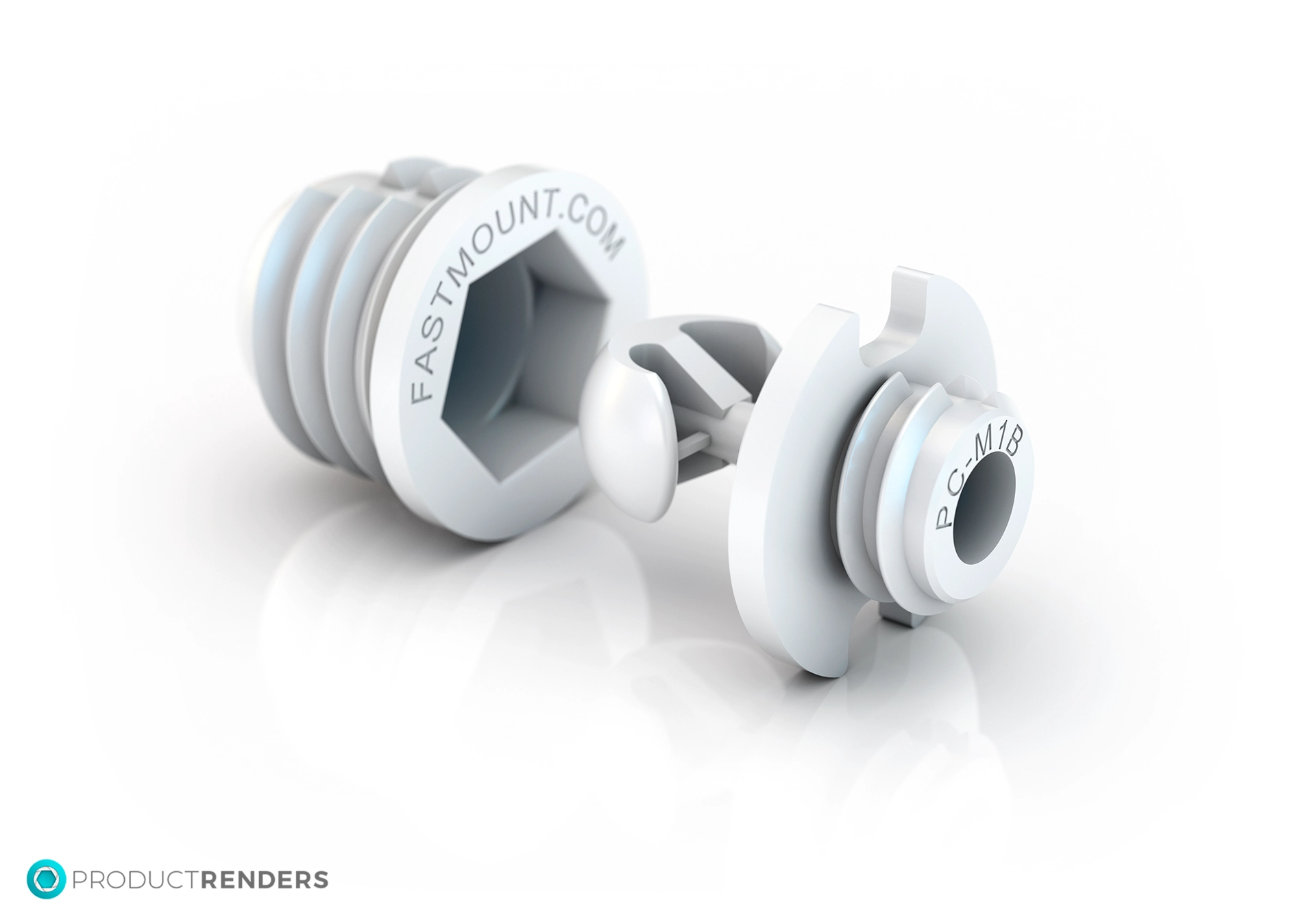 A white plastic Fastmount fastener with a hex head and a locking mechanism.