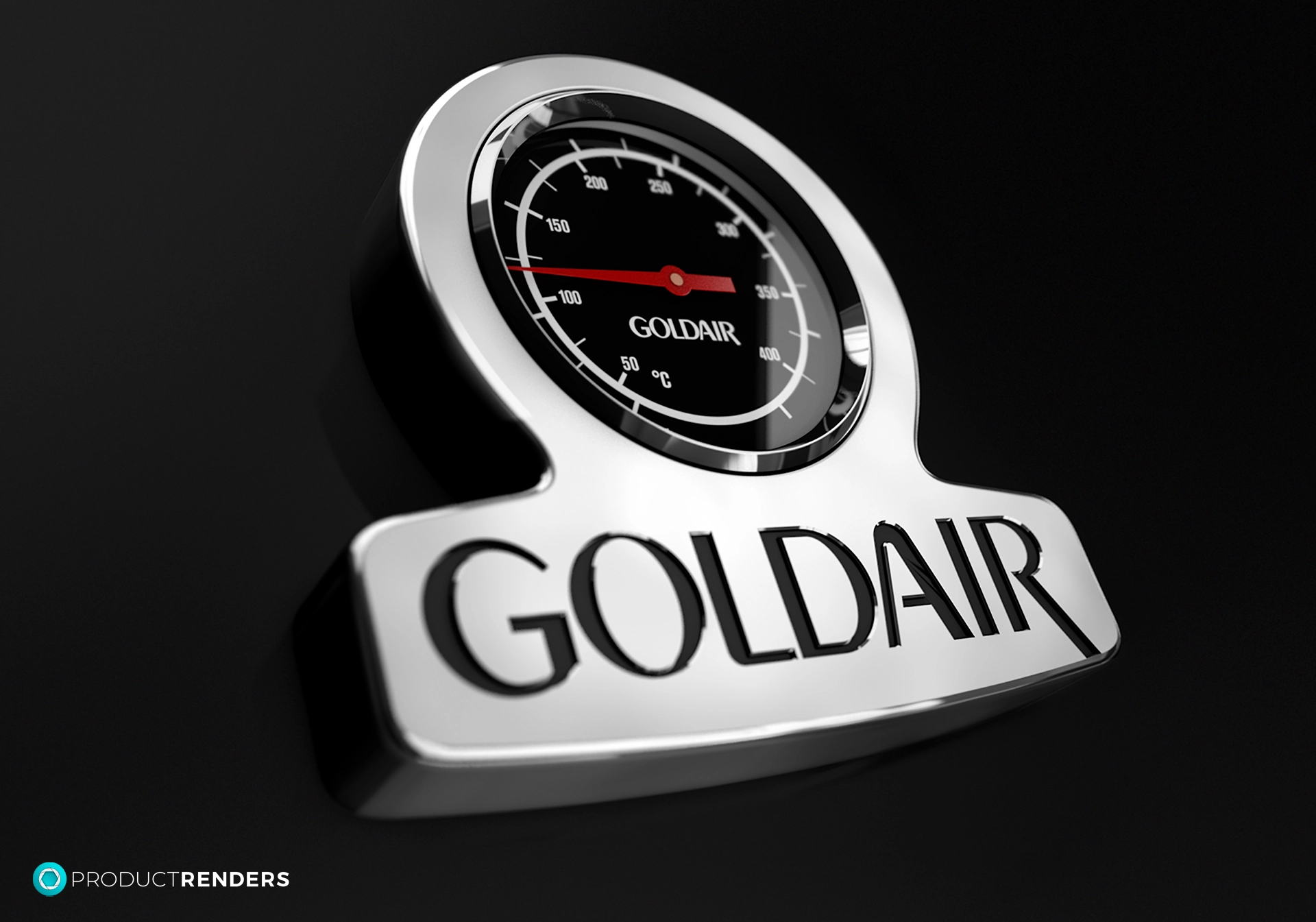 A silver GoldAir logo and BBQ temperature gauge with a red needle.