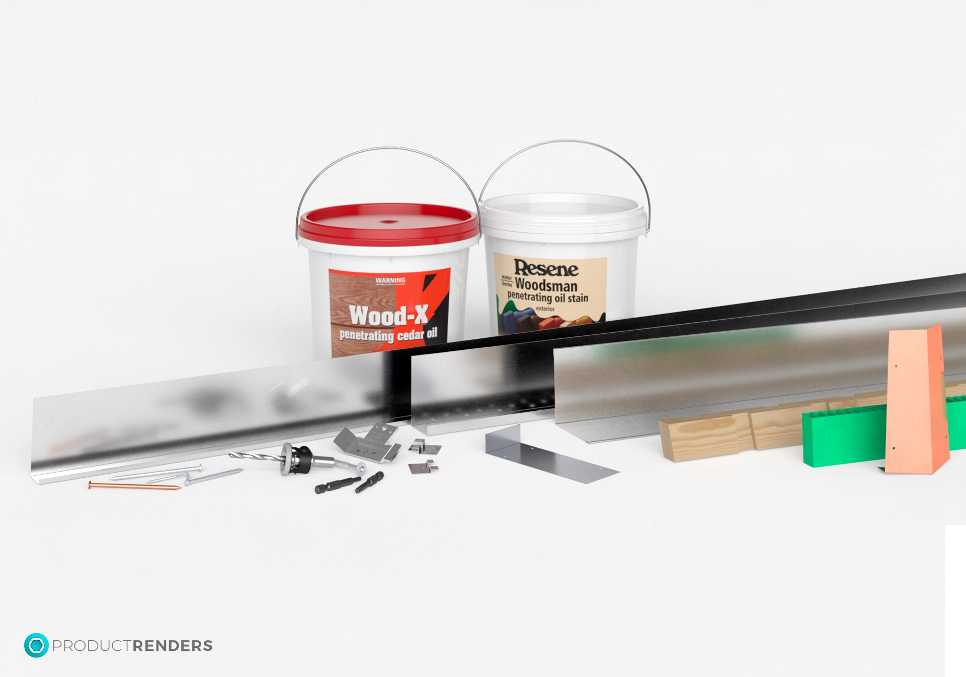 A collection of timber decking materials, including wood stain, screws, drill bits, brackets and spacers.