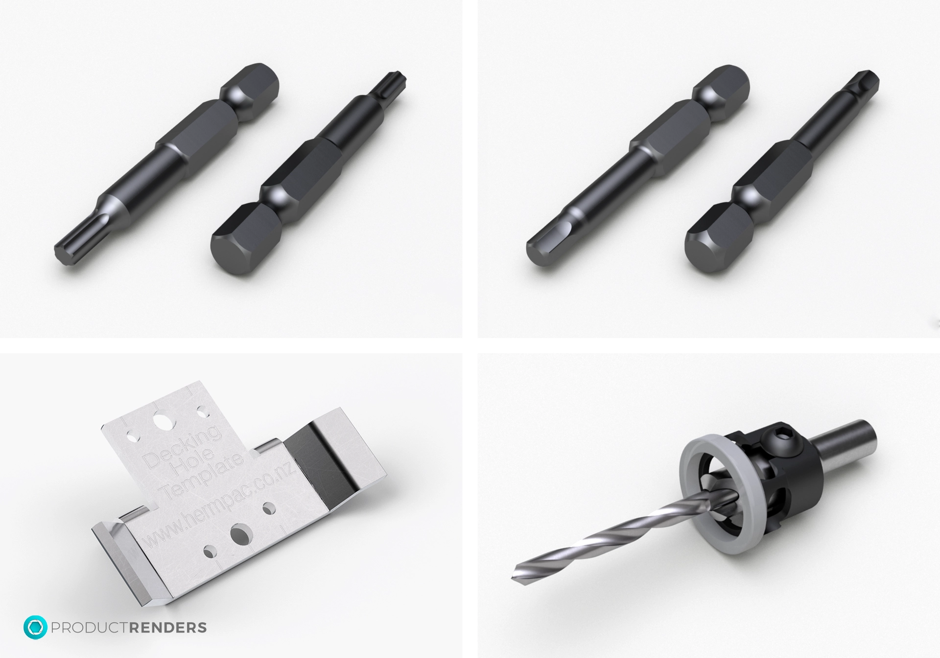 Two pairs of screwdriver bits, a metal bracket and a drill bit with a depth stop.
