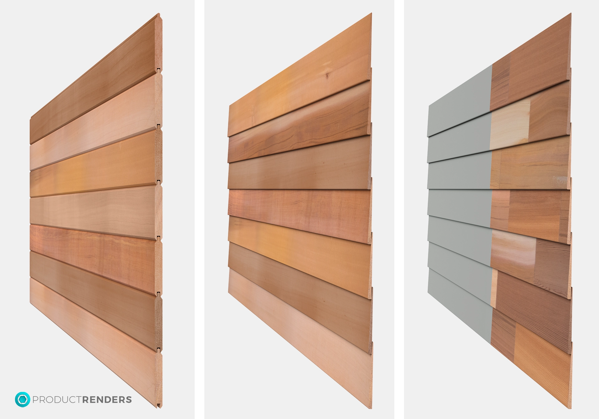 Three different types of wood cladding: natural, stained and painted.