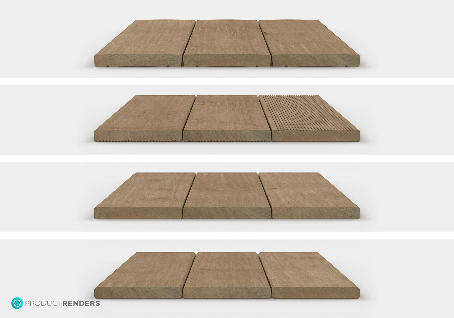 Four different types of decking board profiles: grooved, ribbed, square-edged and chamfered.