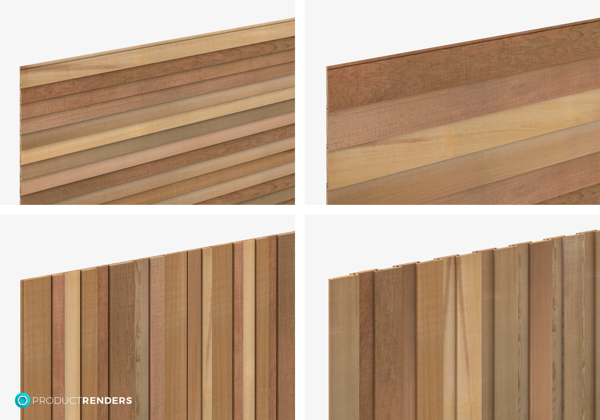 Four different types of timber cladding: horizontal shiplap, vertical shiplap, vertical batten and horizontal batten.