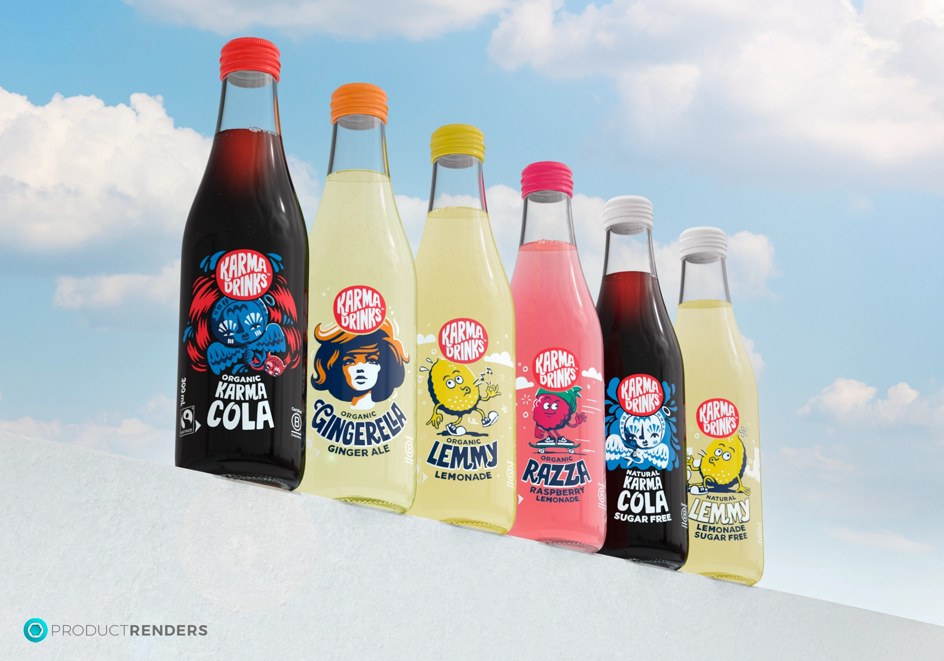 Six Karma Drinks bottles in a row: Karma Cola, Gingerella Ginger Ale, Lemmy Lemonade, Razza Raspberry Lemonade, Karma Cola Sugar Free and Lemmy Lemonade Sugar Free.