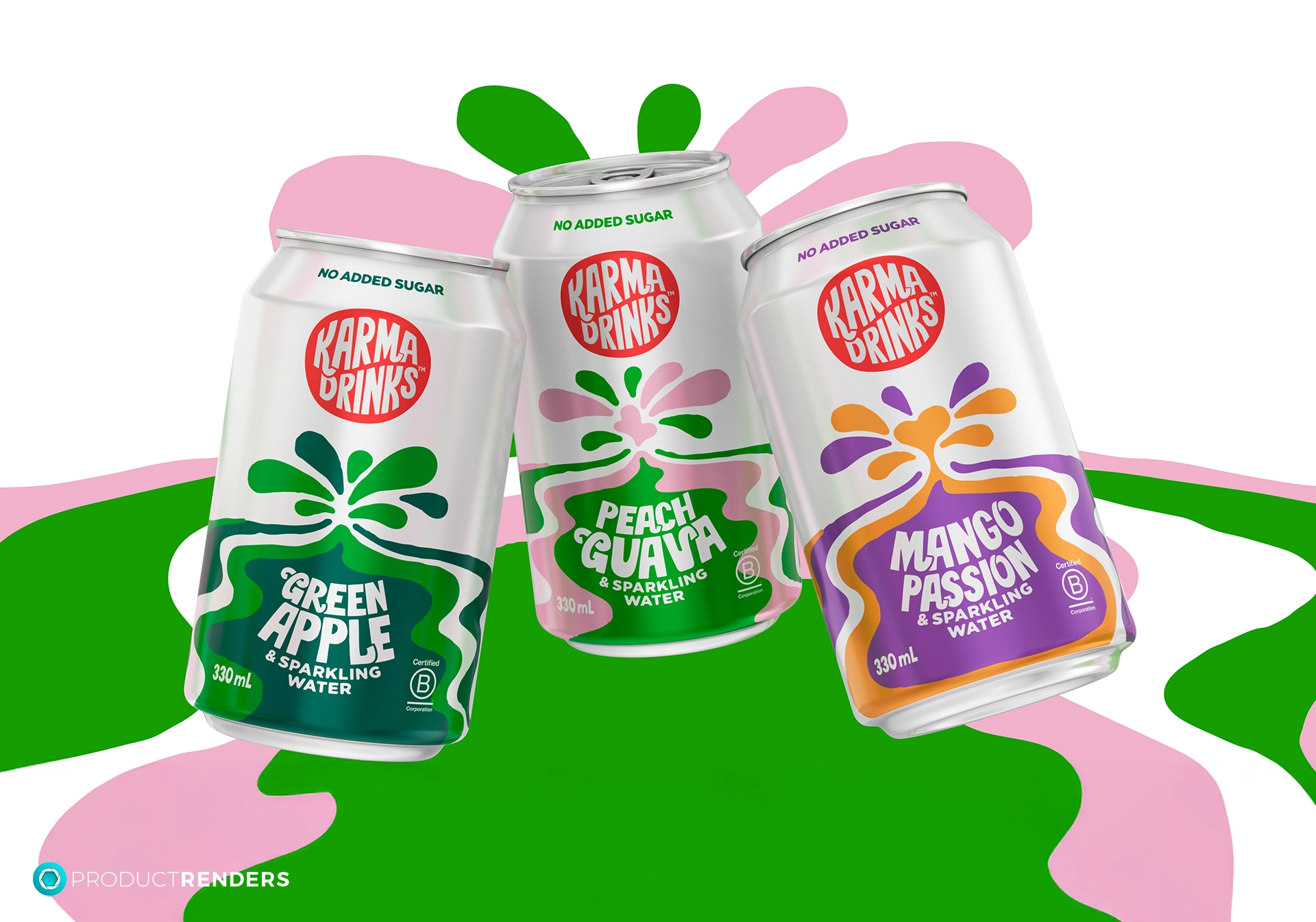 Three Karma Drinks cans: Green Apple, Peach & Guava and Mango & Passionfruit.