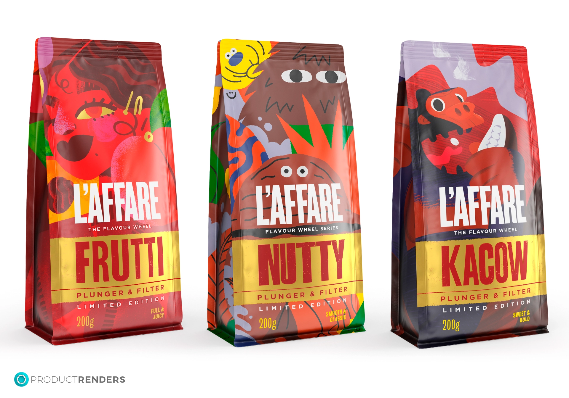 Three bags of L'affare coffee with different flavours: Frutti, Nutty and Kacow.