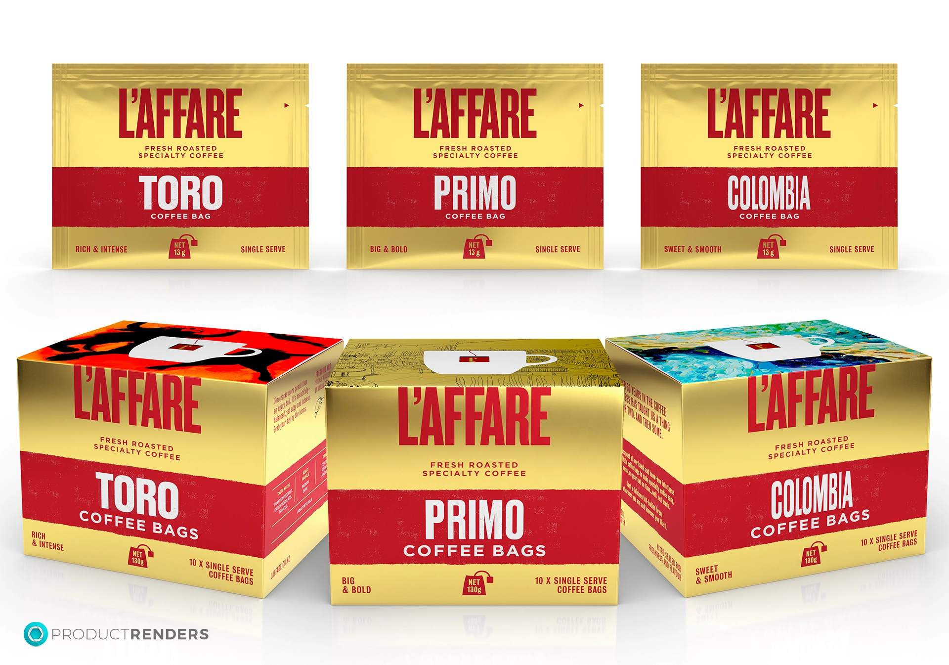 Three boxes and three bags of L'affare coffee in different varieties: Toro, Primo and Colombia.