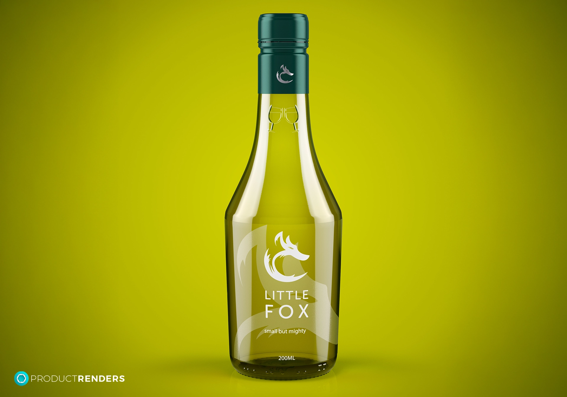 A glass bottle of Little Fox wine with a green cap and label, against a green background.