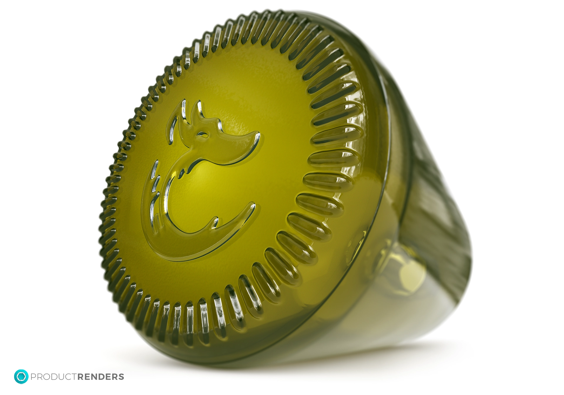 A green bottle cap with a stylized "fox" logo.