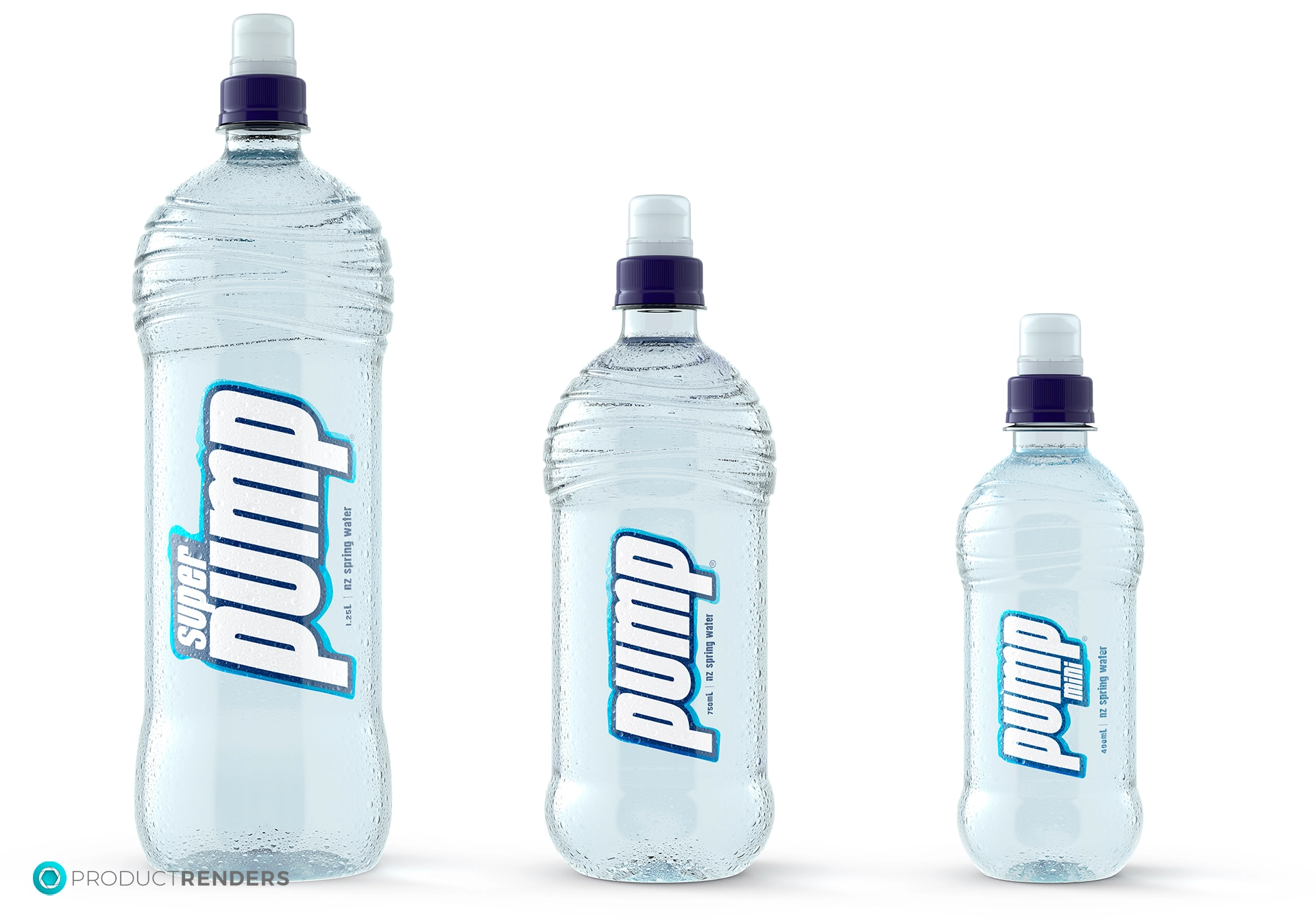 Three Pumped water bottles in different sizes: large, medium and small.