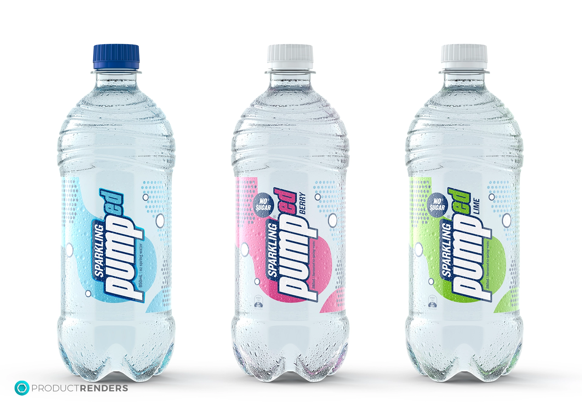 Three Pumped sparkling water bottles with different fruit flavours: blue, berry and lime.