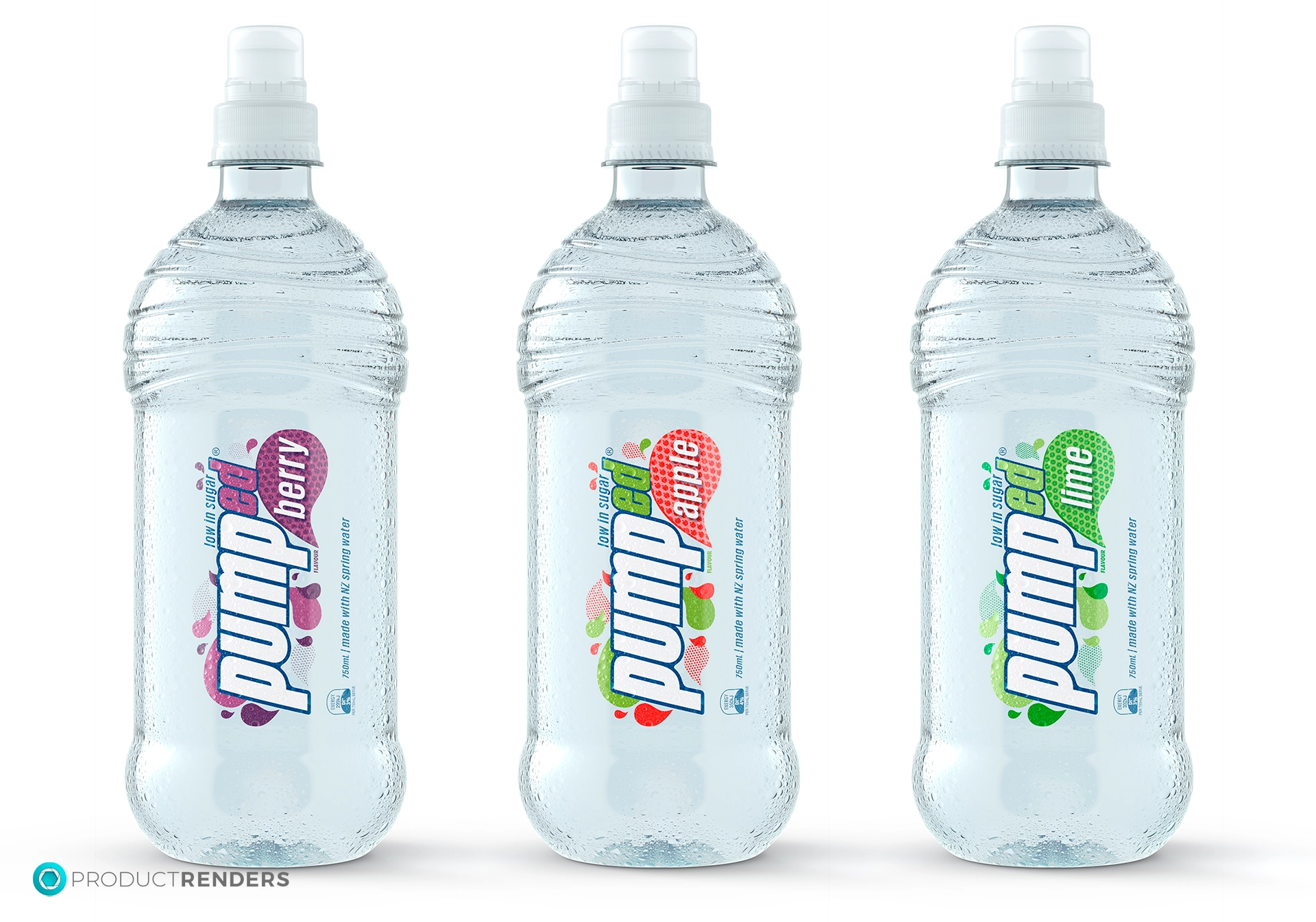 Three Pumped water bottles with different fruit flavours: berry, apple and lime.