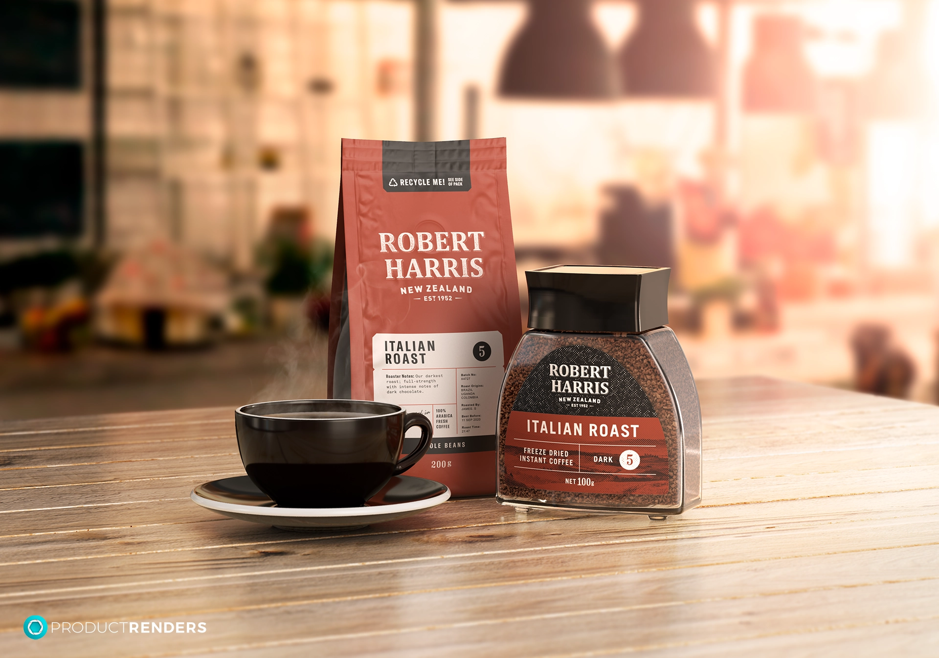 A bag and jar of Robert Harris Italian Roast coffee with a cup of coffee on a wooden table.