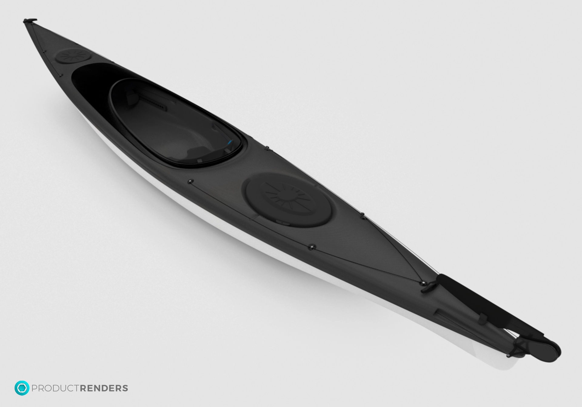 A black and white kayak on a white background.