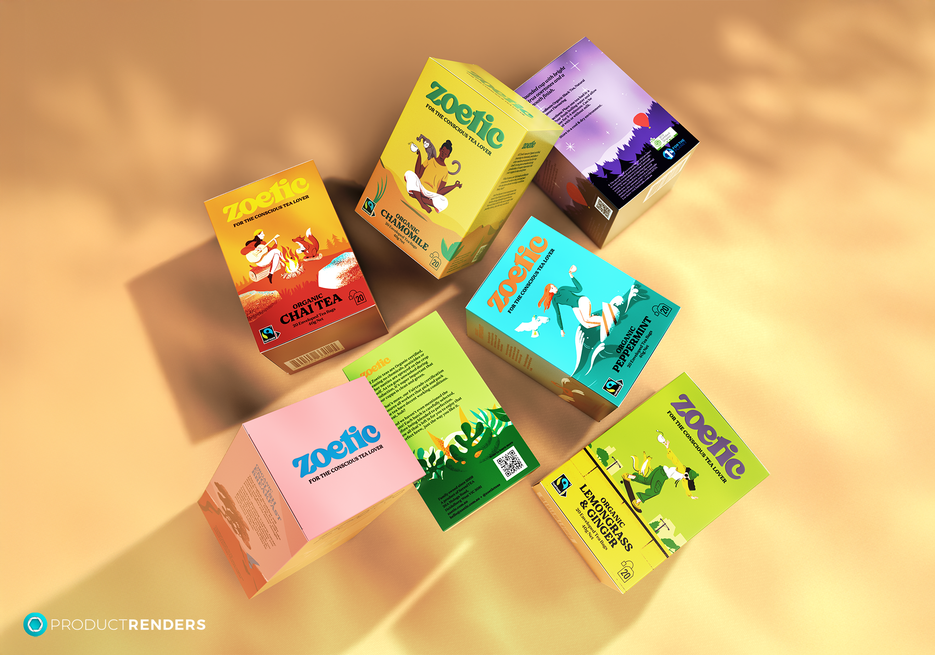 Seven colourful Toetic tea boxes with different flavours, including chamomile, chai tea, peppermint, lemongrass & ginger and lavender & chamomile.