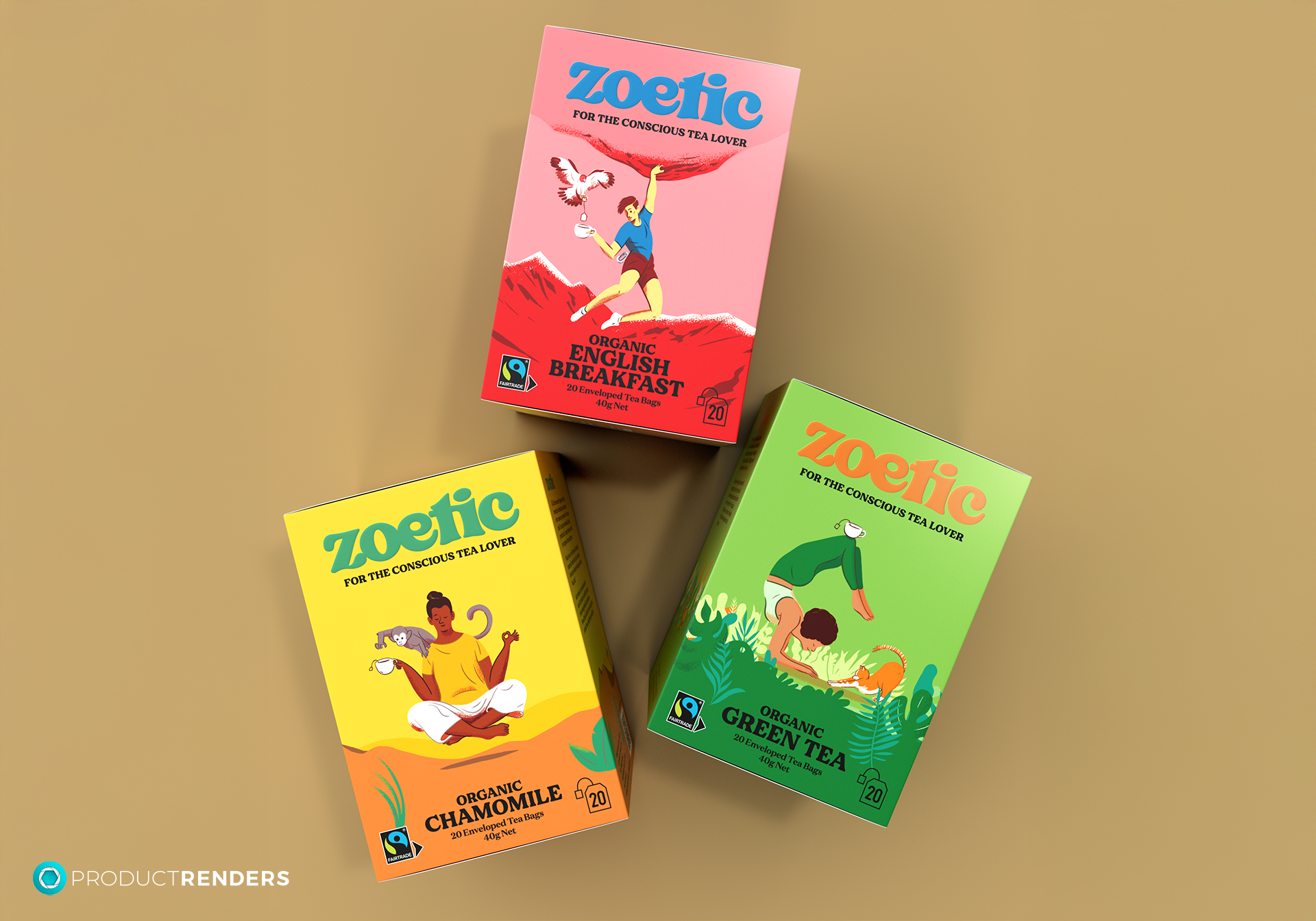 Three colourful Zoetic tea boxes with different flavours: English Breakfast, Chamomile and Green Tea.