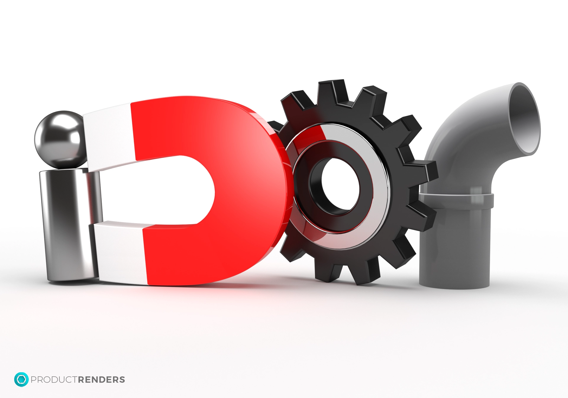 A magnet, gear, and pipe elbow forming the word "iDor".