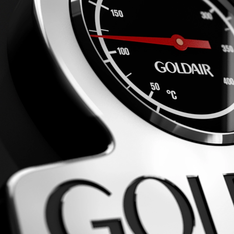 A silver GoldAir logo and BBQ temperature gauge with a red needle.