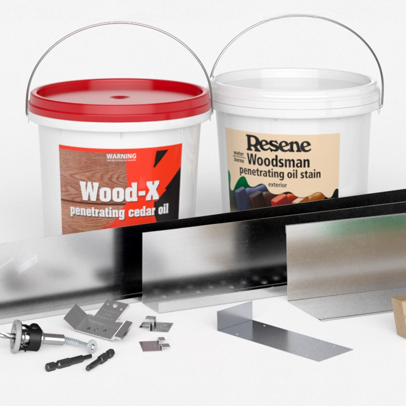 A collection of timber decking materials, including wood stain, screws, drill bits, brackets and spacers.