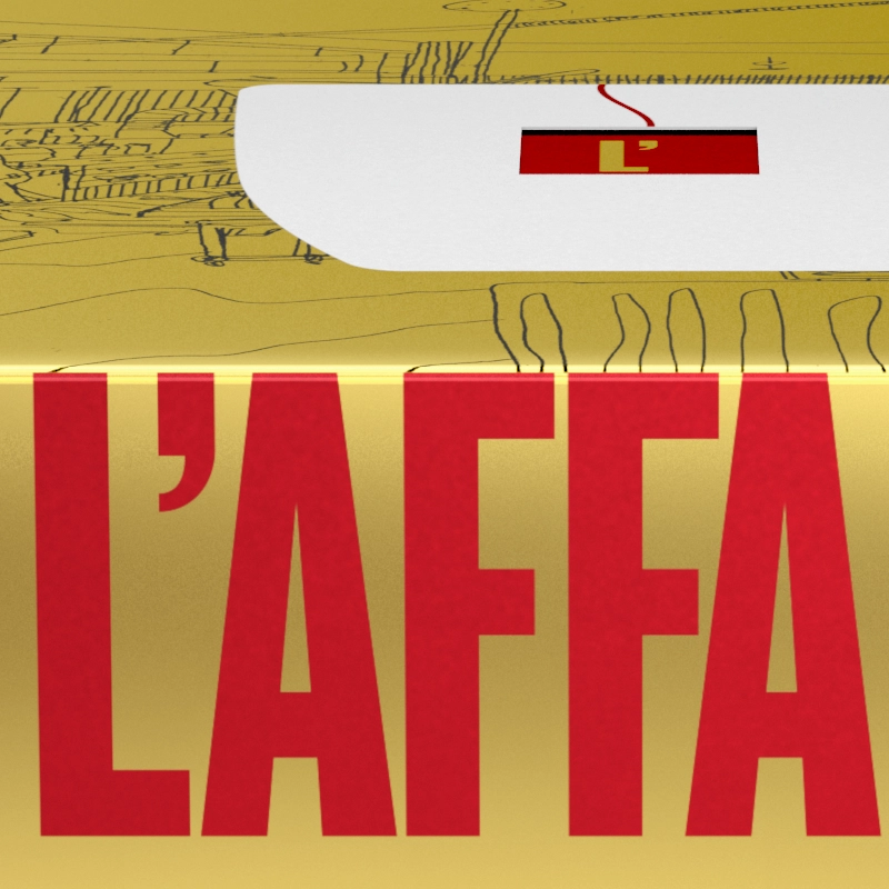 A cardboard box with the word "L'affare" in red on a gold retail box.