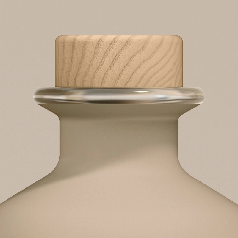 A cylindrical bottle with a light brown wooden lid.