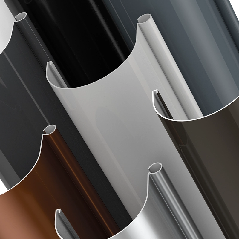 Closeup of five gutter sections in different colours: black, white, grey brown and green.