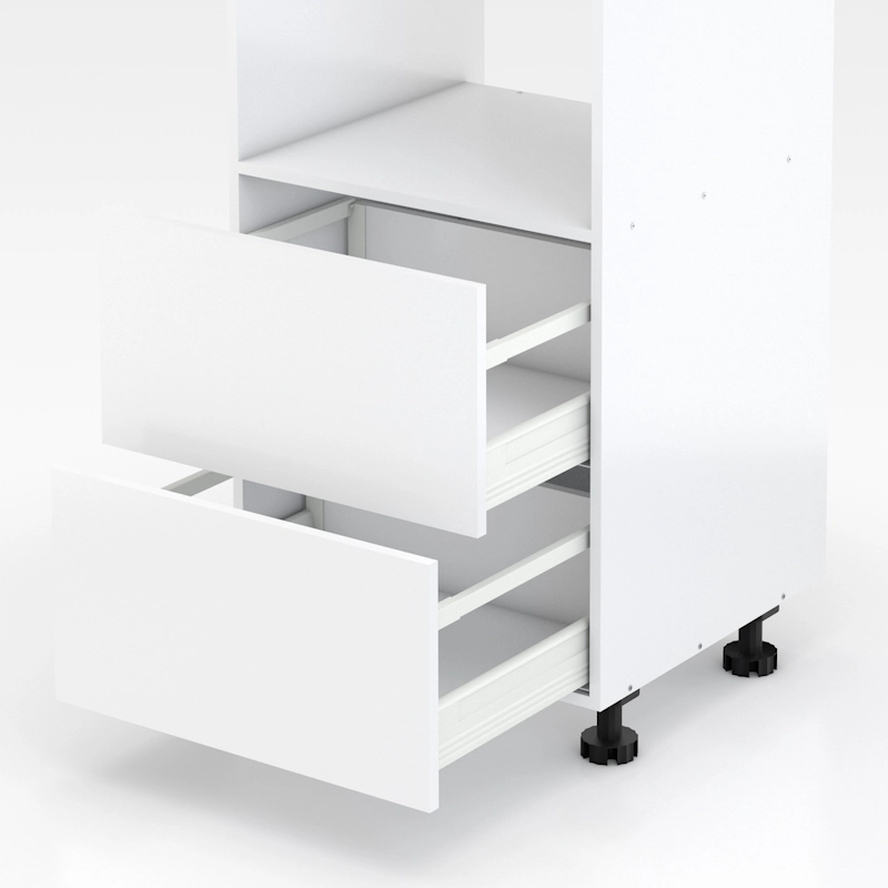 Closeup of white kitchen cabinet unit with two open drawers and a door revealing shelves.