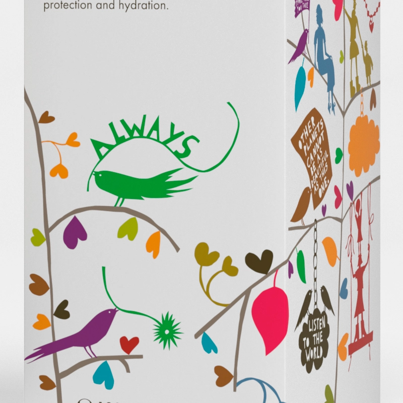 Closeup of a colourful illustration of a tree with birds, hearts and the word "ALWAYS" on a white background.
