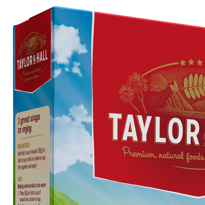 A close-up of the Taylor & Hall logo and branding on a cerial box with text about how to enjoy the product.
