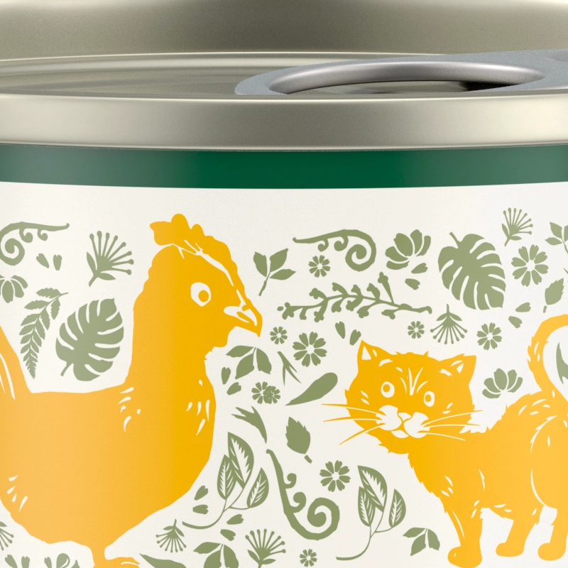 A close-up of a cat food can with a can lid and a colourful design featuring a chicken and a cat.