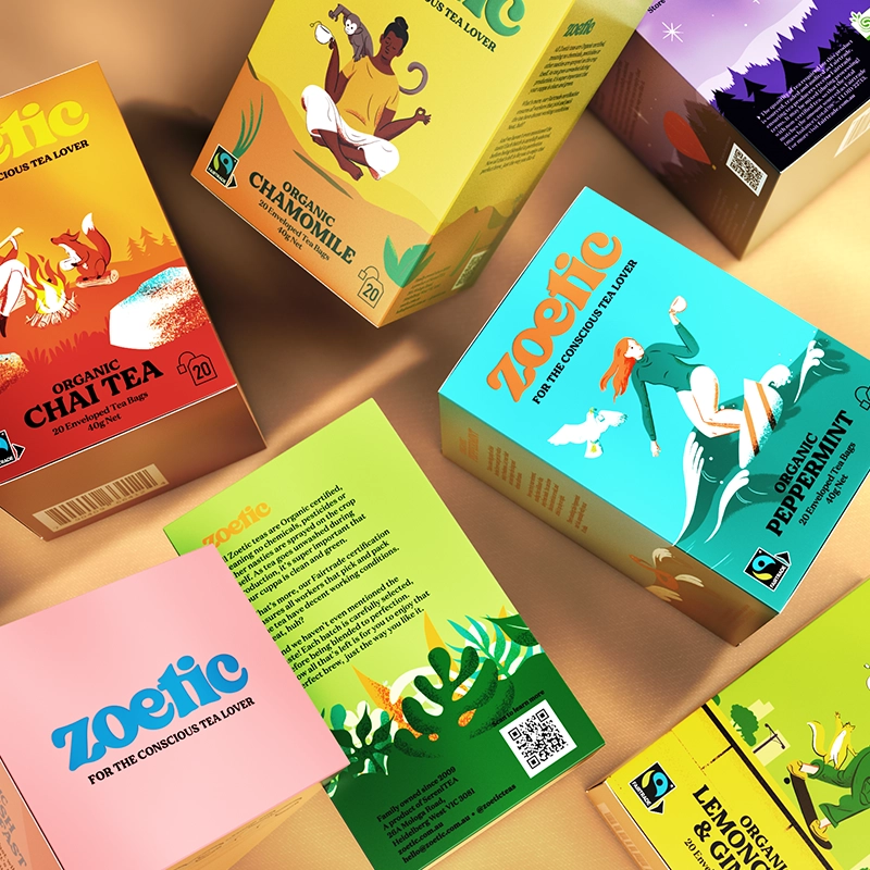 Closeup of seven colourful Zoetic tea boxes with different flavours, including chamomile, chai tea, peppermint, lemongrass & ginger and lavender & chamomile.