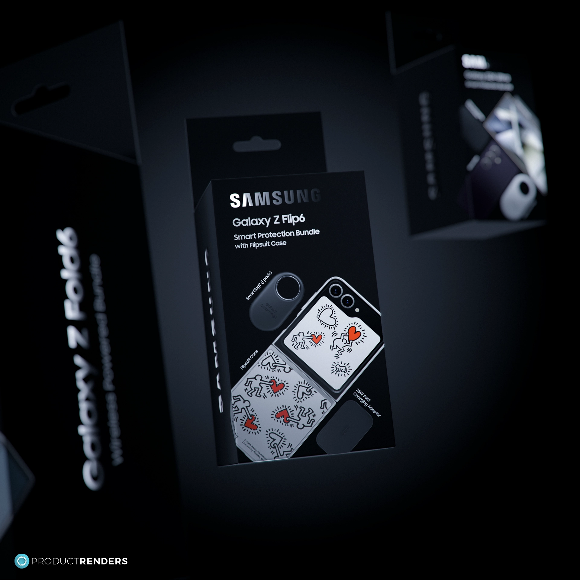 A group render of the three of a Samsung bundle boxes for the Galaxy S24 Ultra, Z Flip6 and Z Fold6 with the Galaxy Z Flip6 being the hero.