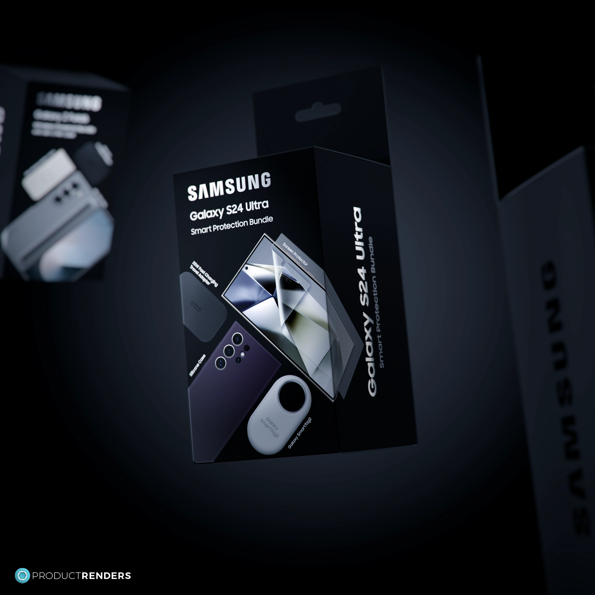 A group render of the three of a Samsung bundle boxes for the Galaxy S24 Ultra, Z Flip6 and Z Fold6 with the Galaxy S24 Ultra being the hero.