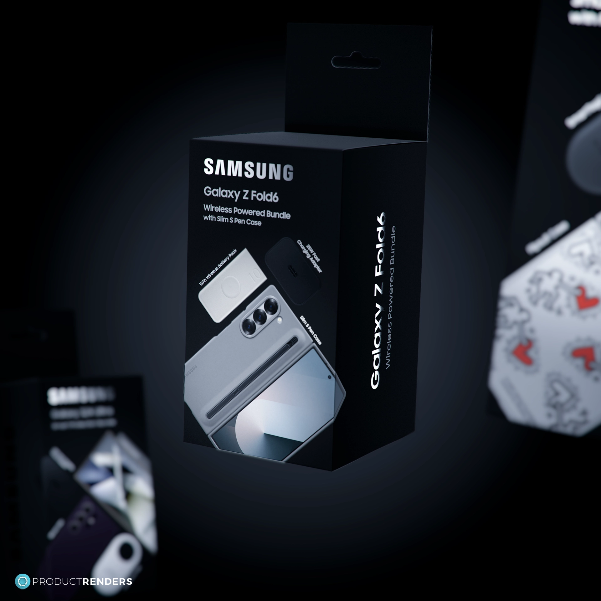 A group render of the three of a Samsung bundle boxes for the Galaxy S24 Ultra, Z Flip6 and Z Fold6 with the Galaxy Z Fold6 being the hero.